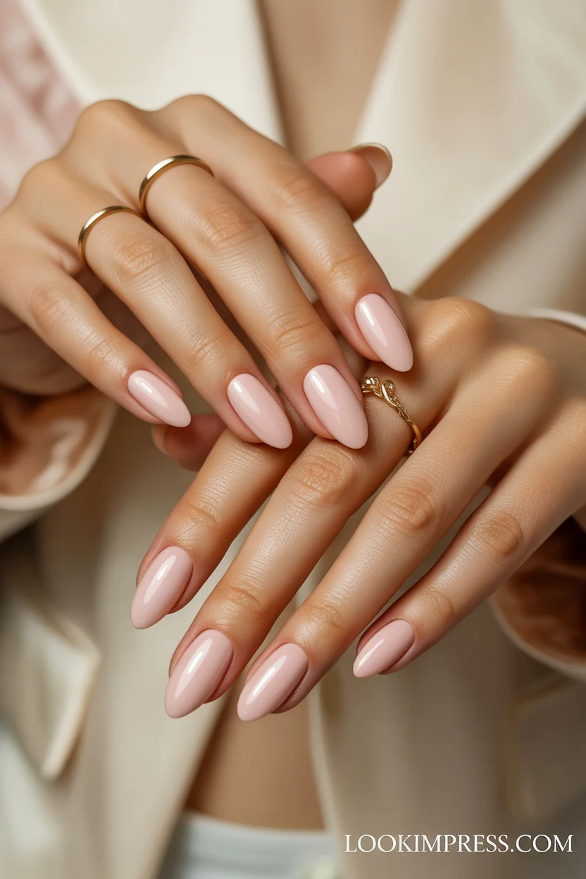 Glossy nude almond gel nails