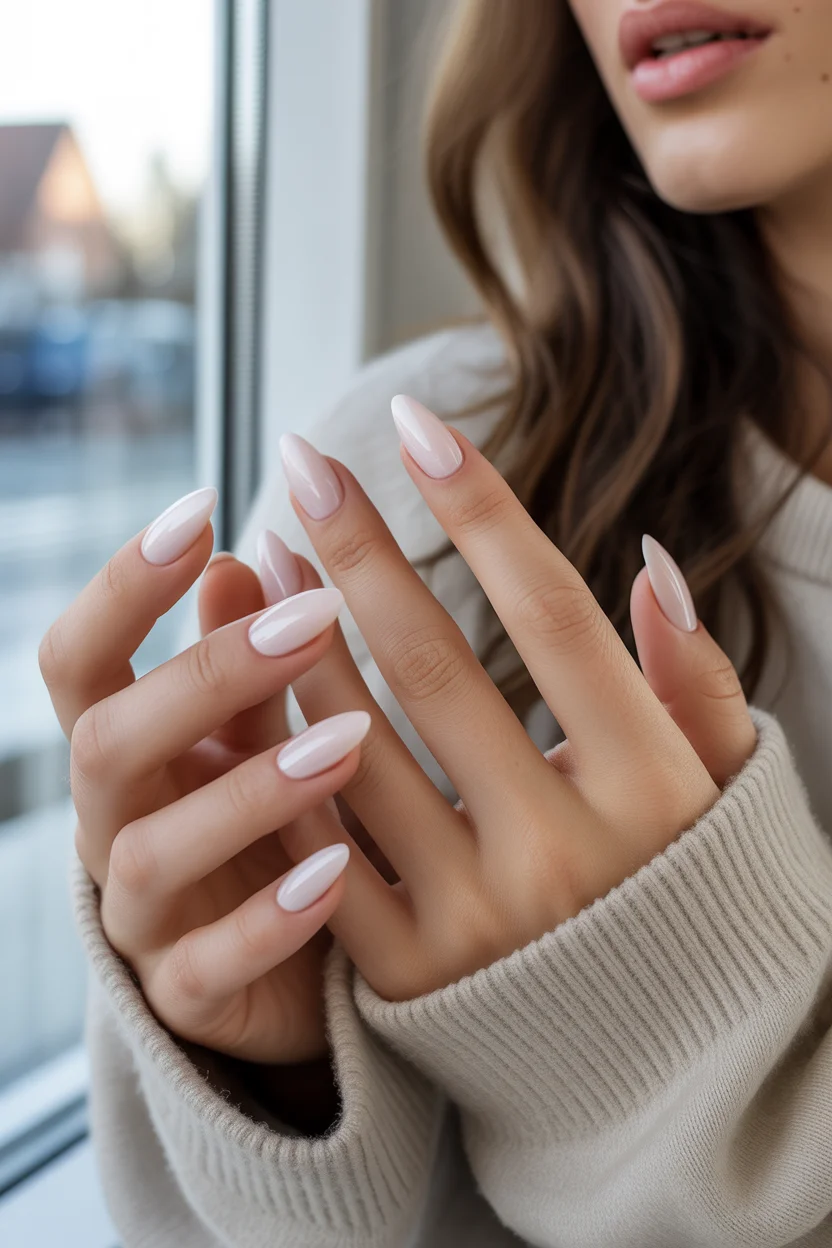  Elegant milky white winter nails with glossy finish