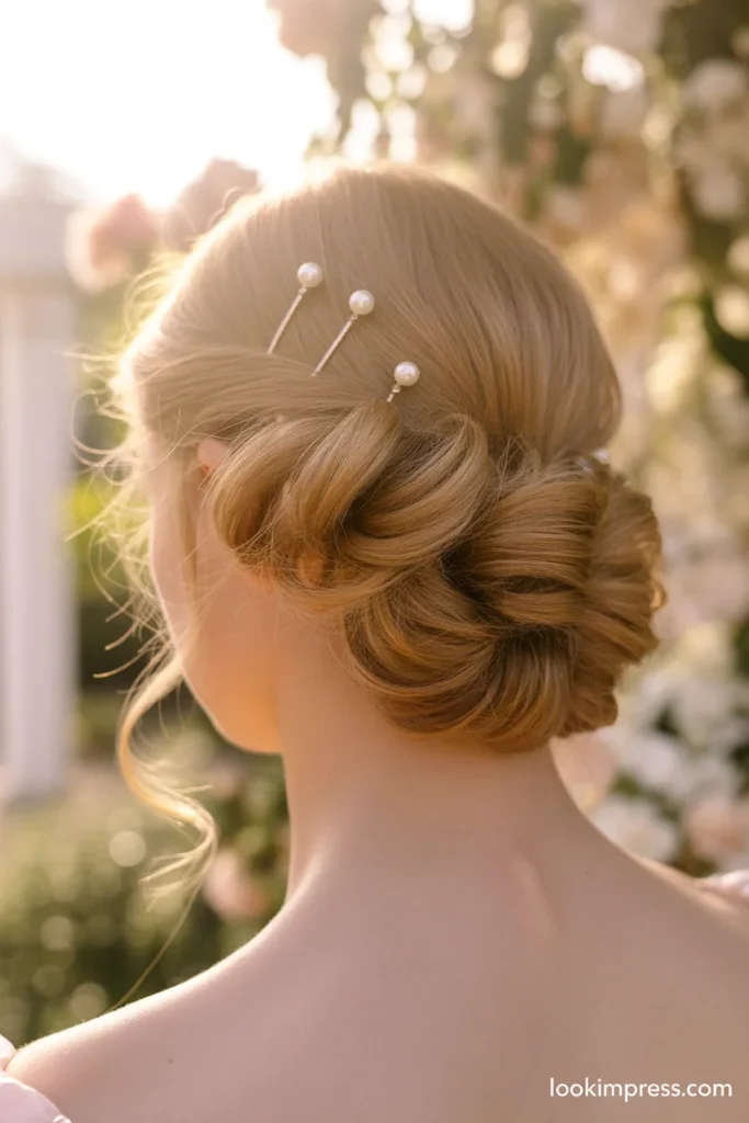 Classic half-up twist hairstyle with soft curls and pearl pins for a wedding