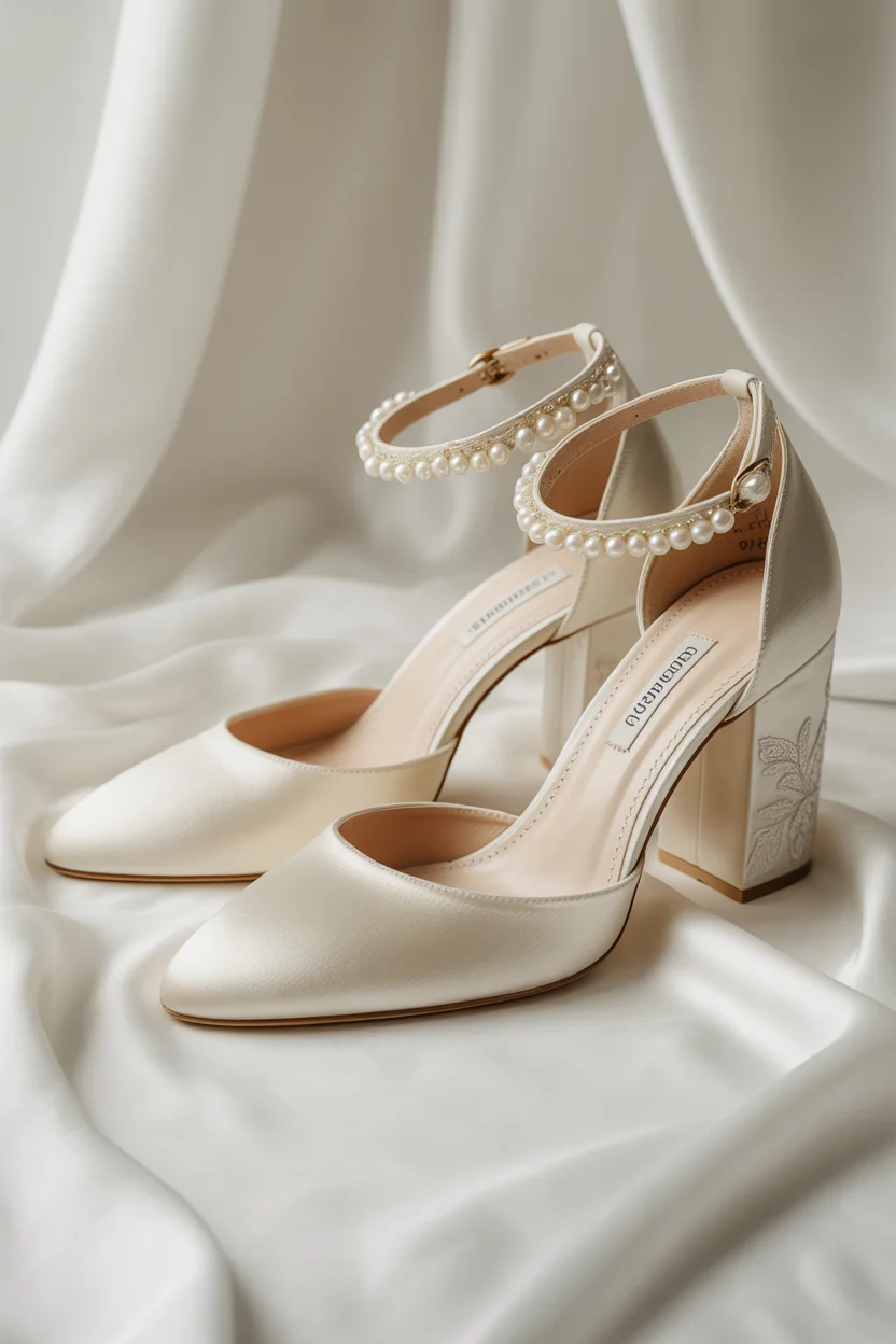  Ivory satin bridal block heels
