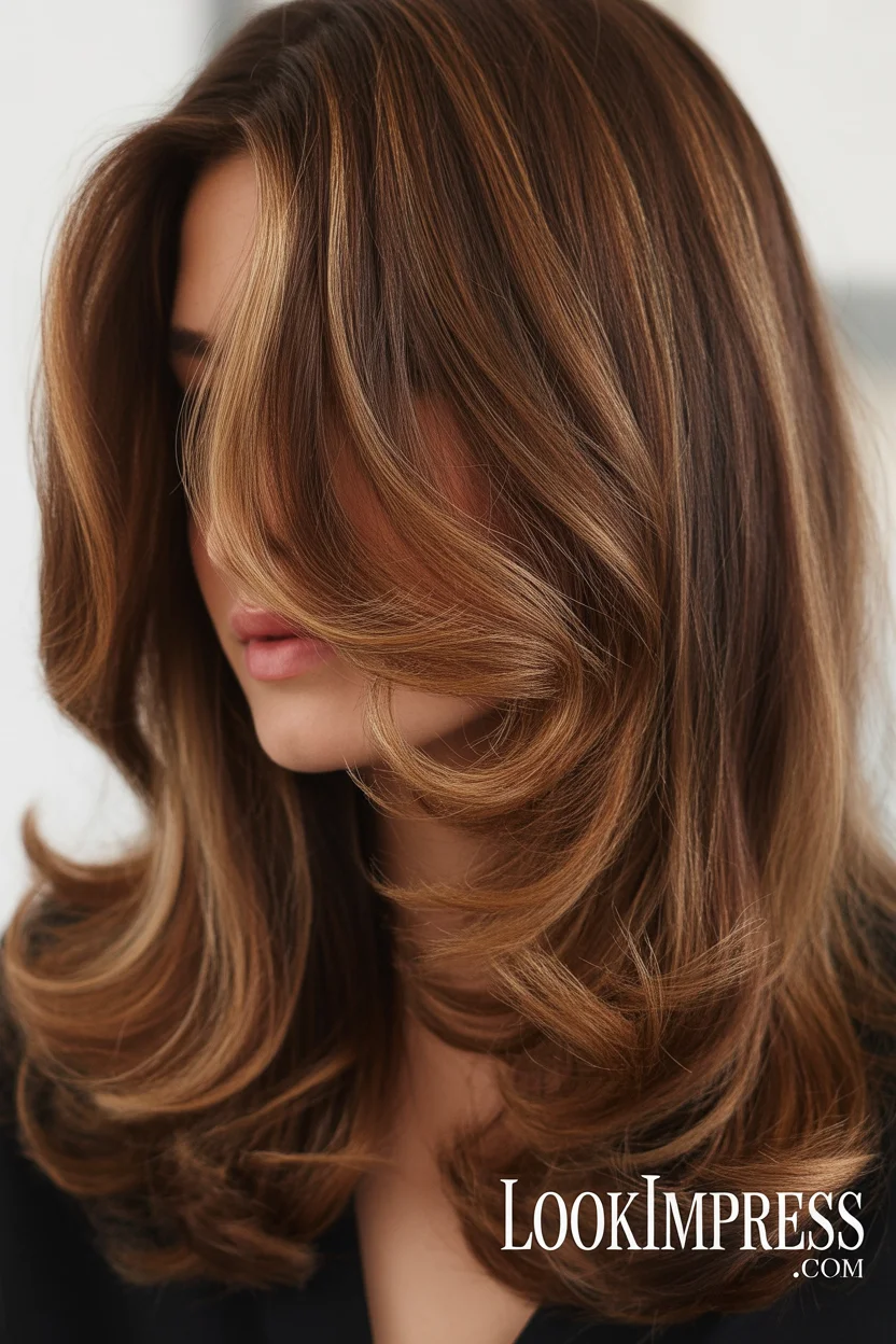 Brunette hair with face-framing caramel highlights