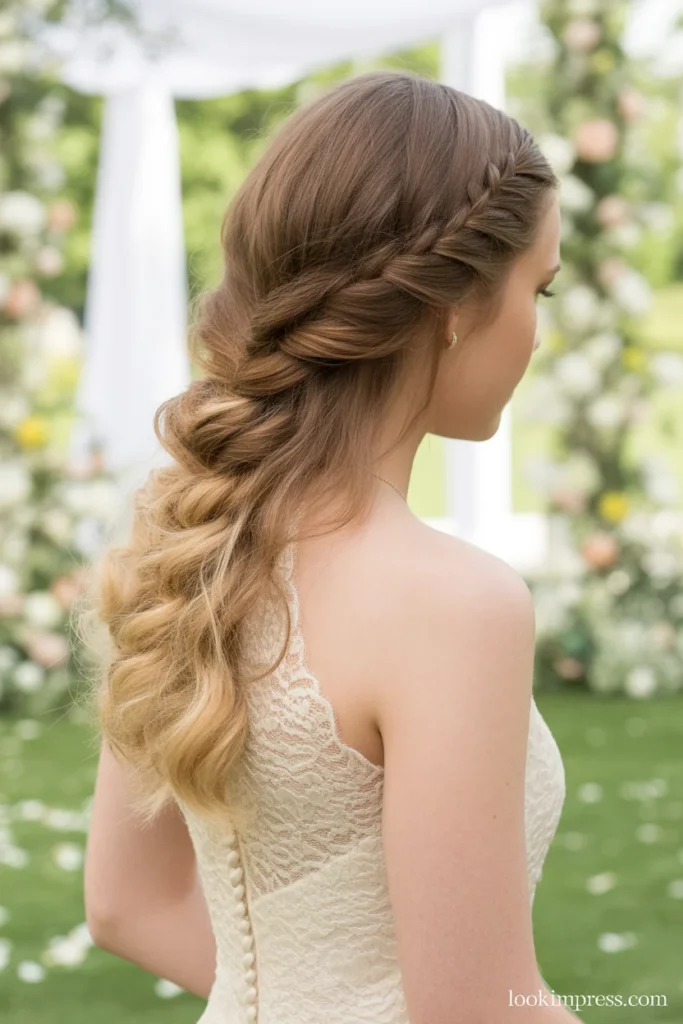 Waterfall braid into half-up hairstyle for wedding or formal event