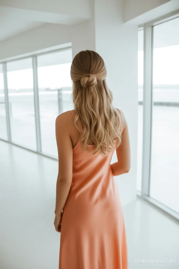 Knotted half-up hairstyle with textured waves for semi-formal or garden wedding