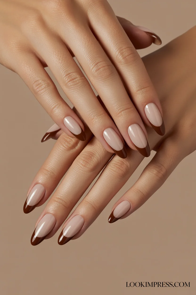 Mocha brown French gel nails