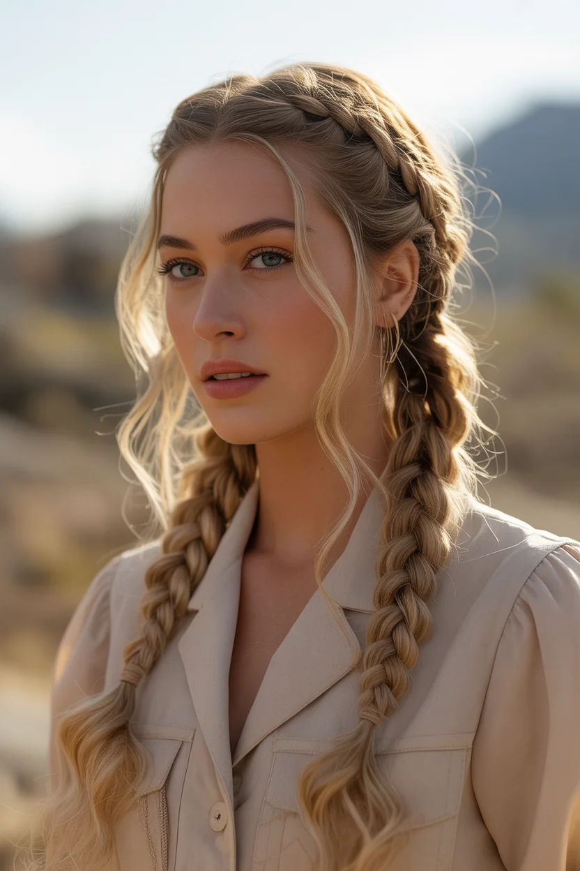  Double braids with soft waves western hairstyle
