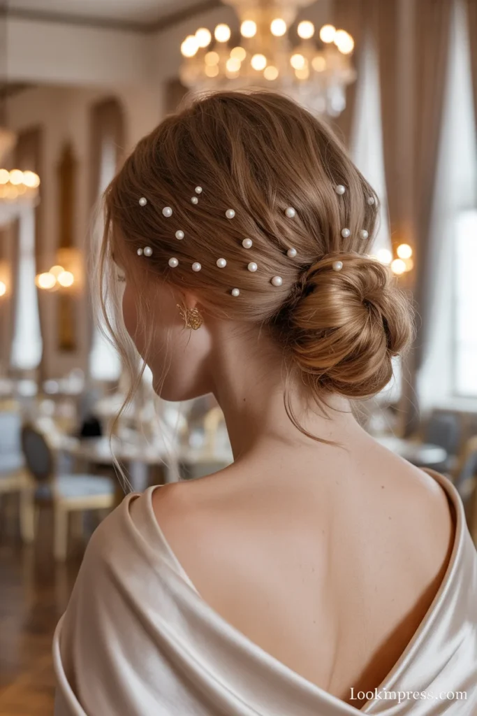 Pearl-adorned half-up low bun elegant bridal hairstyle for girls at weddings