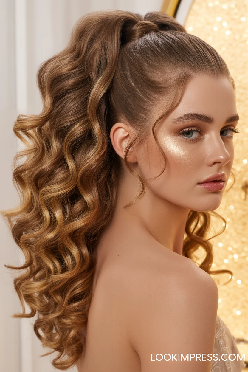 Curly high ponytail prom hairstyle