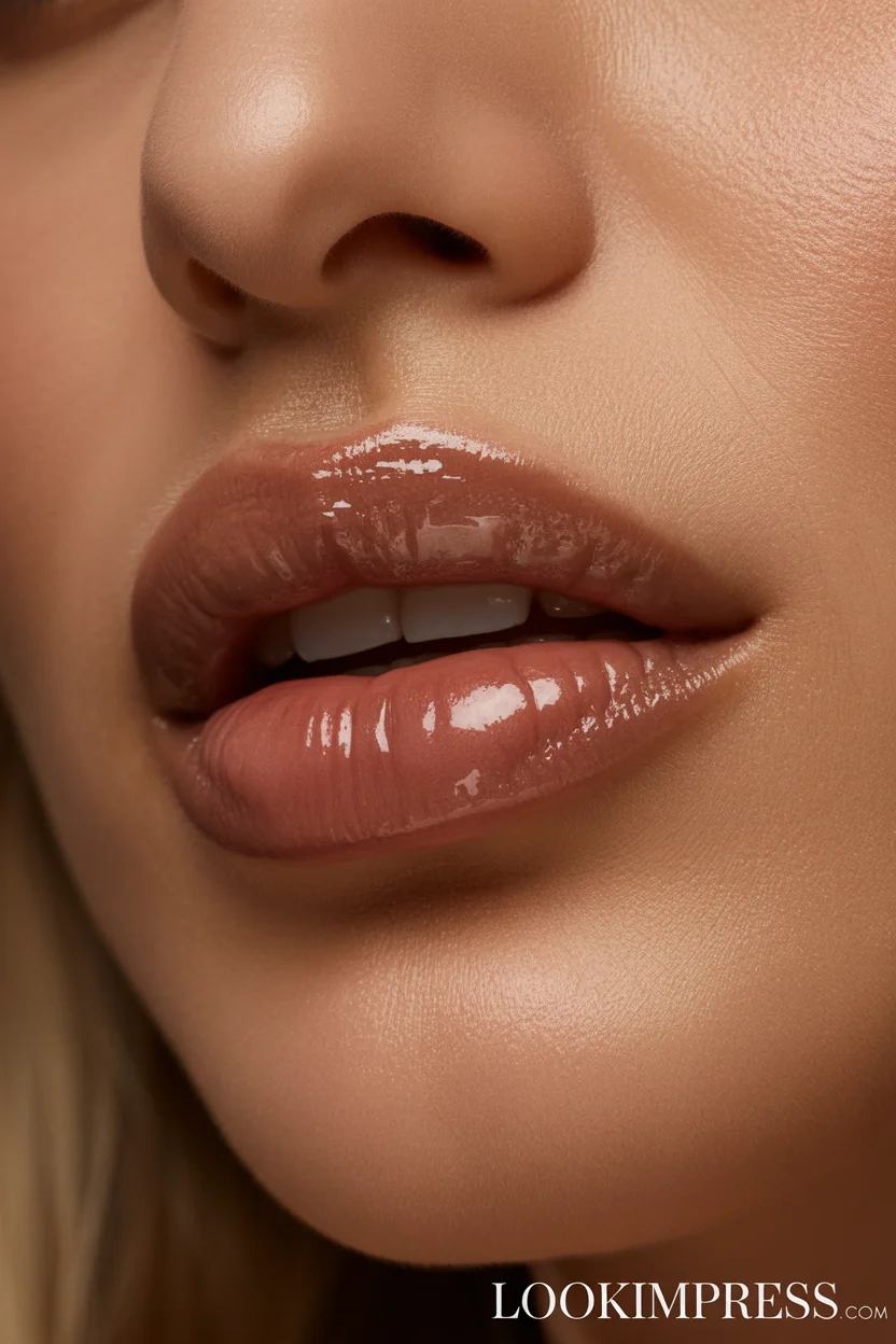 Glossy nude brown lips makeup