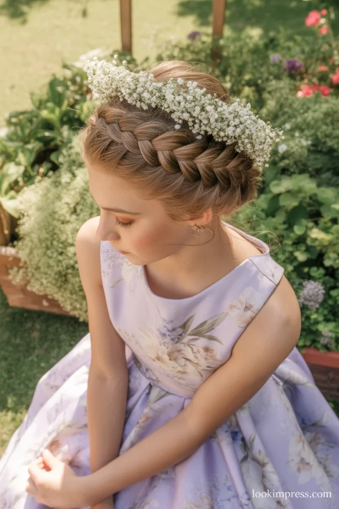 Braided half-up crown hairstyle for girls at a wedding or formal event