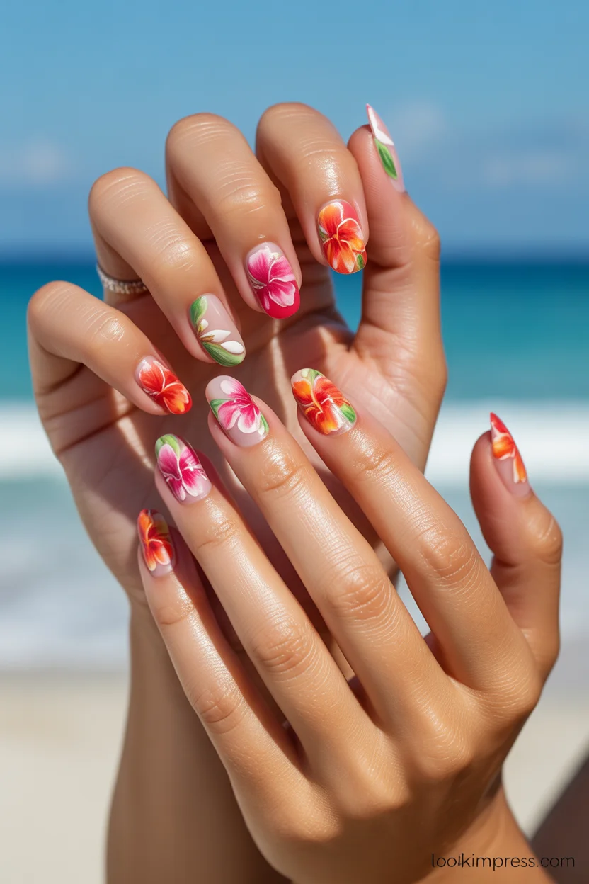 Tropical floral summer nail art