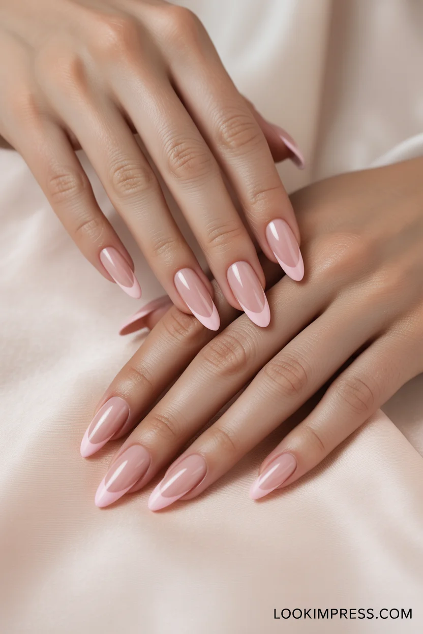 Soft pink French tip gel nails