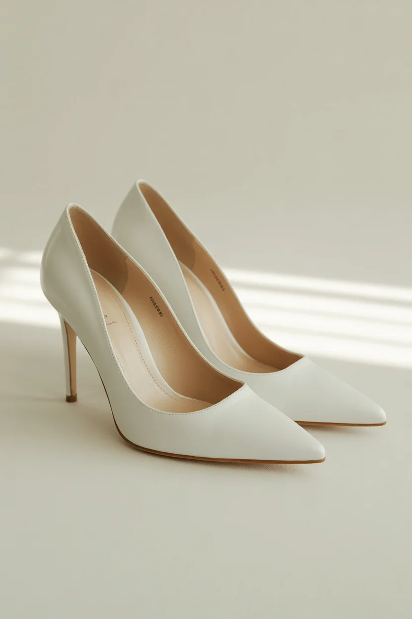  Pointed toe white bridal pumps
