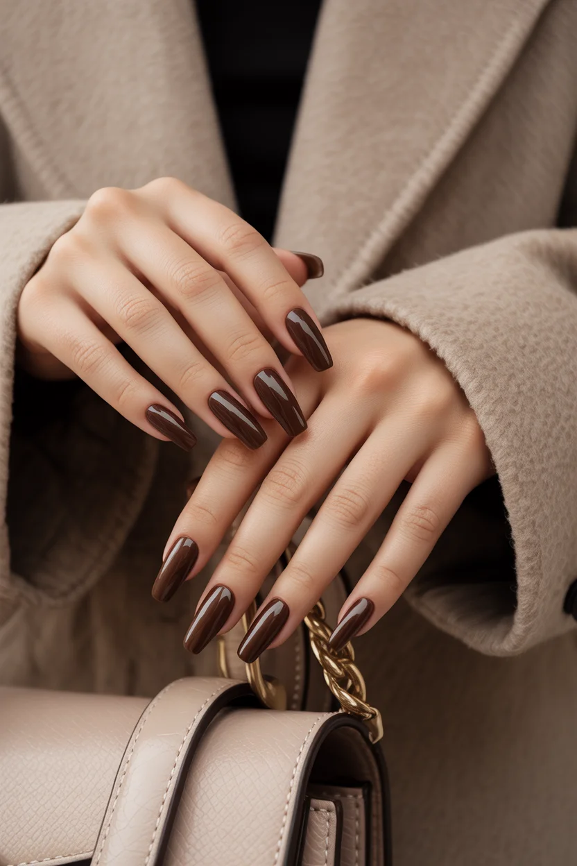Glossy chocolate brown winter nail ideas