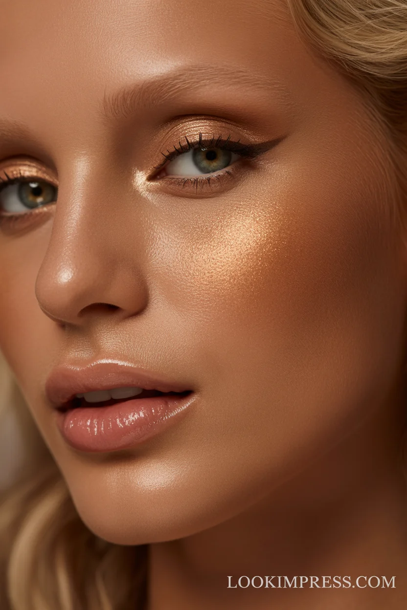 Bronzed dewy skin makeup look