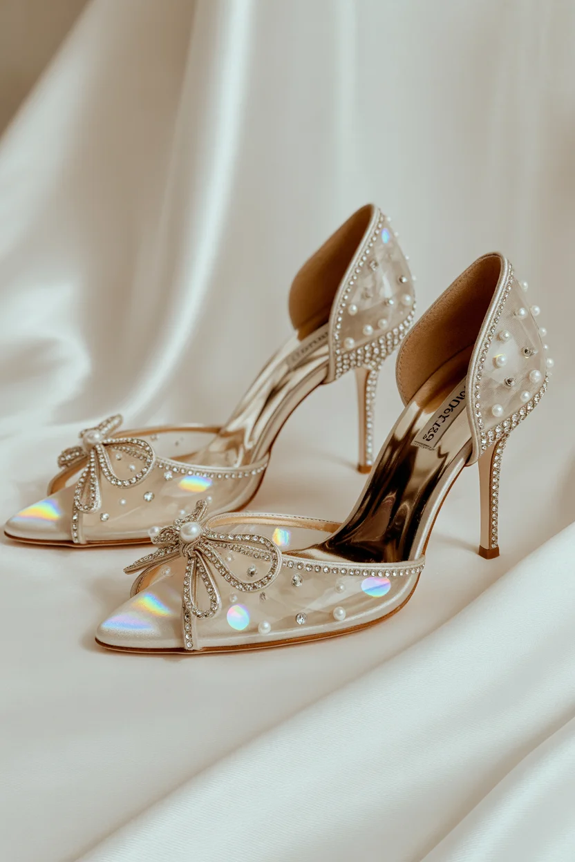  Crystal bow wedding heels