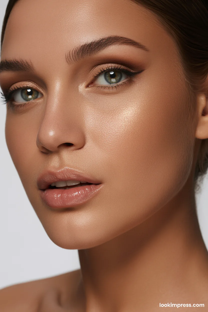 Glossy nude dewy makeup