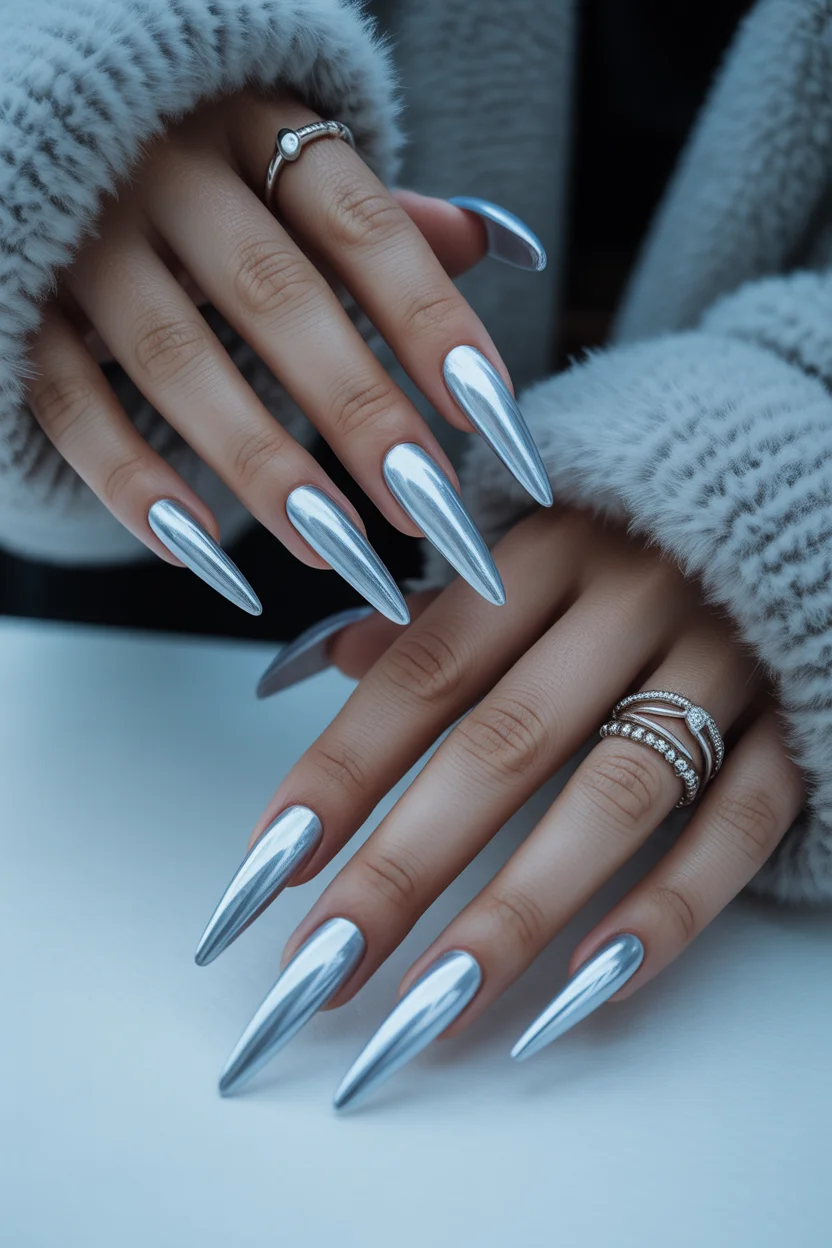  Icy blue chrome winter manicure