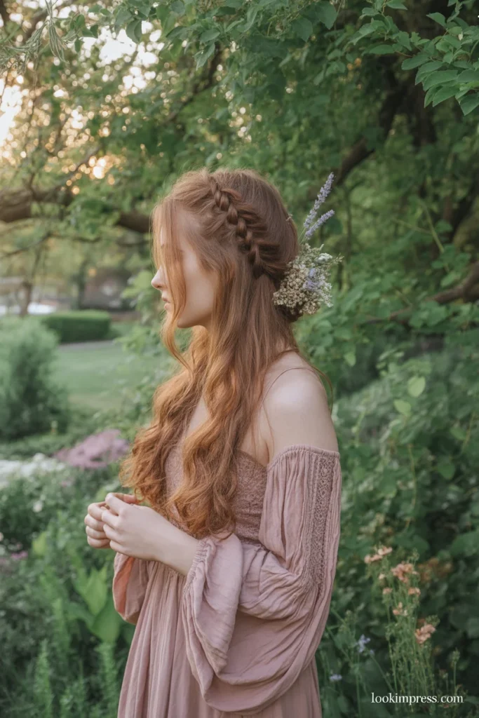 Boho half-up hairstyle with baby braids and flowers for outdoor wedding