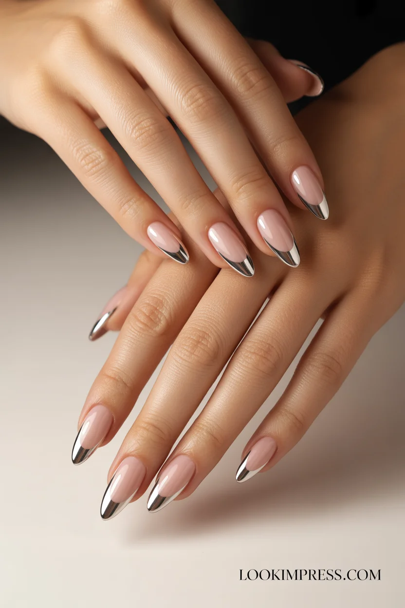 Nude chrome French gel nails