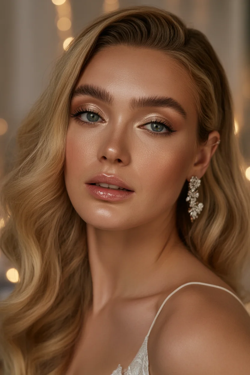  Soft glam bridal makeup with Hollywood waves