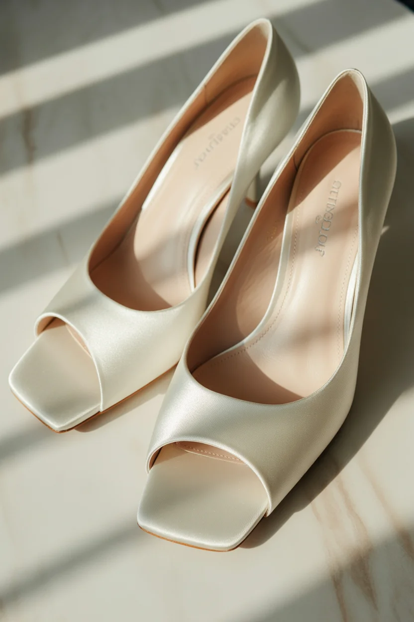  Square toe satin bridal heels