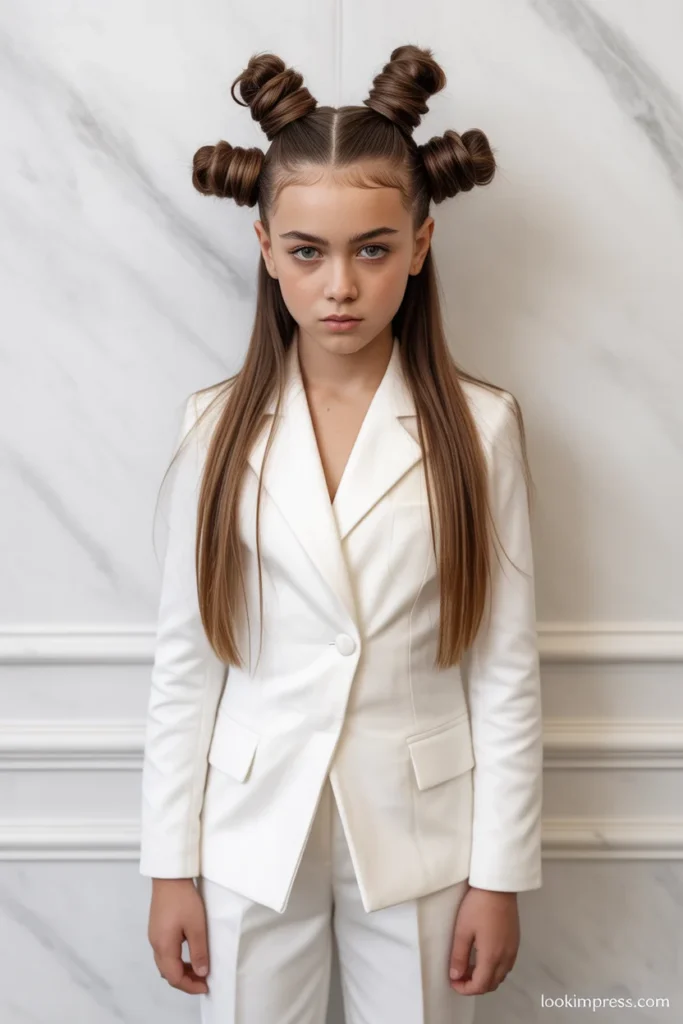 Formal half-up space buns hairstyle for teenage girls at special events