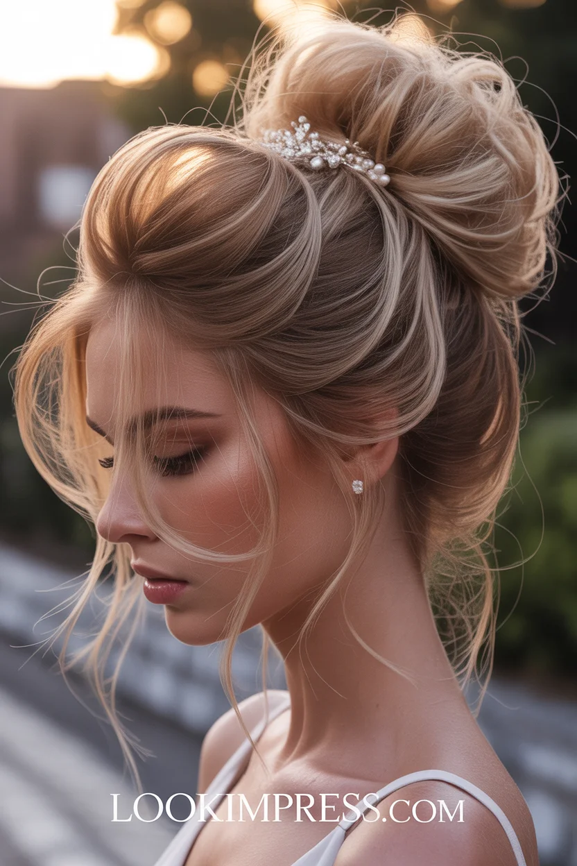  Textured messy bun prom hairstyle