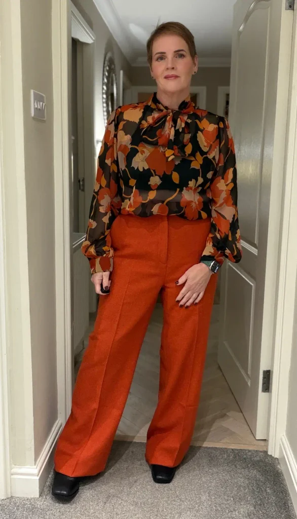 Rust Wide-Leg Trousers with a Color-Matched Print Blouse