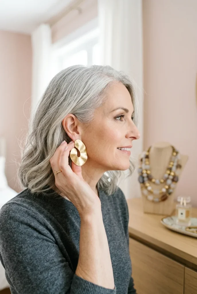 Touching an earring is a simple hand pose, and AI renders earrings well. Shot: close-up · eye-level side profile