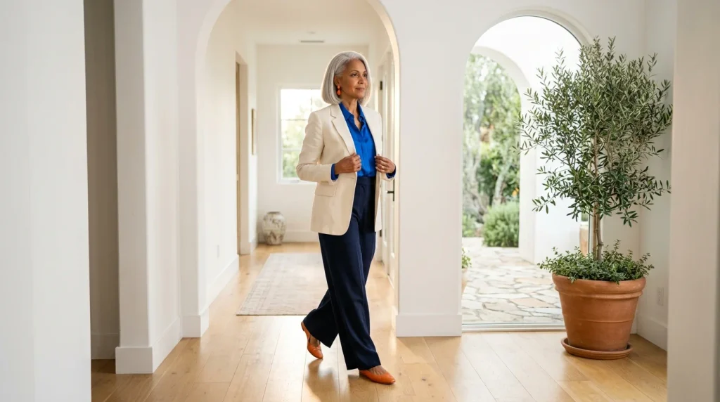 A full-length standing pose shows the whole formula at once: neutral base, blue top, orange accent. Lightly touching a jacket lapel is an easy pose to render.