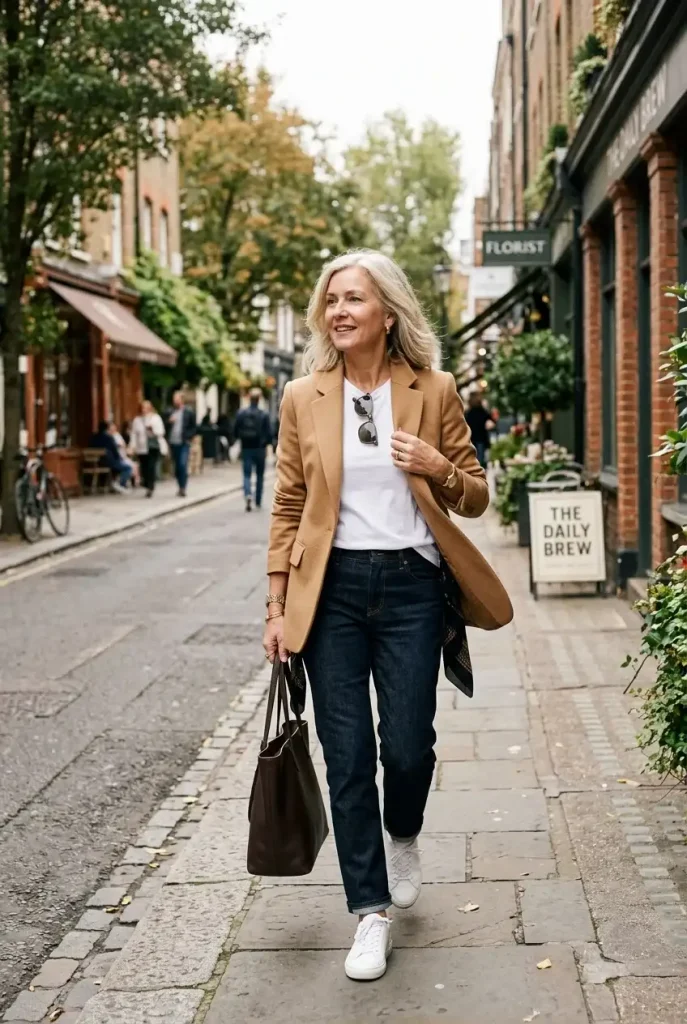 Style jeans over 50 with a third layer