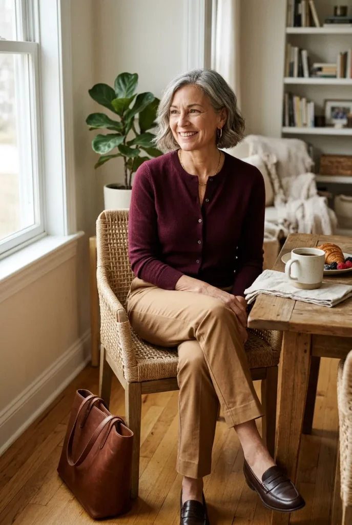 a fine burgundy cardigan buttoned as a top with camel straight-leg trousers. Small buttons and a simple neckline give the knit a neat finish, while dark brown loafers echo the warm tones of the trousers.