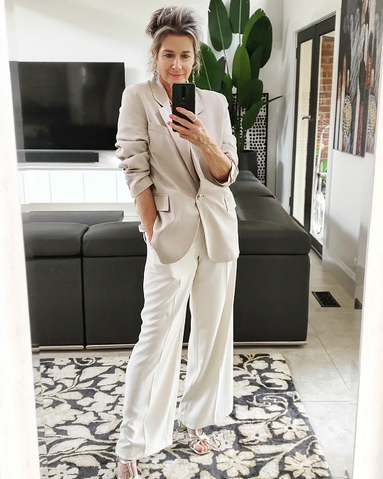 Beige Blazer With Cream Wide-Leg Trousers.