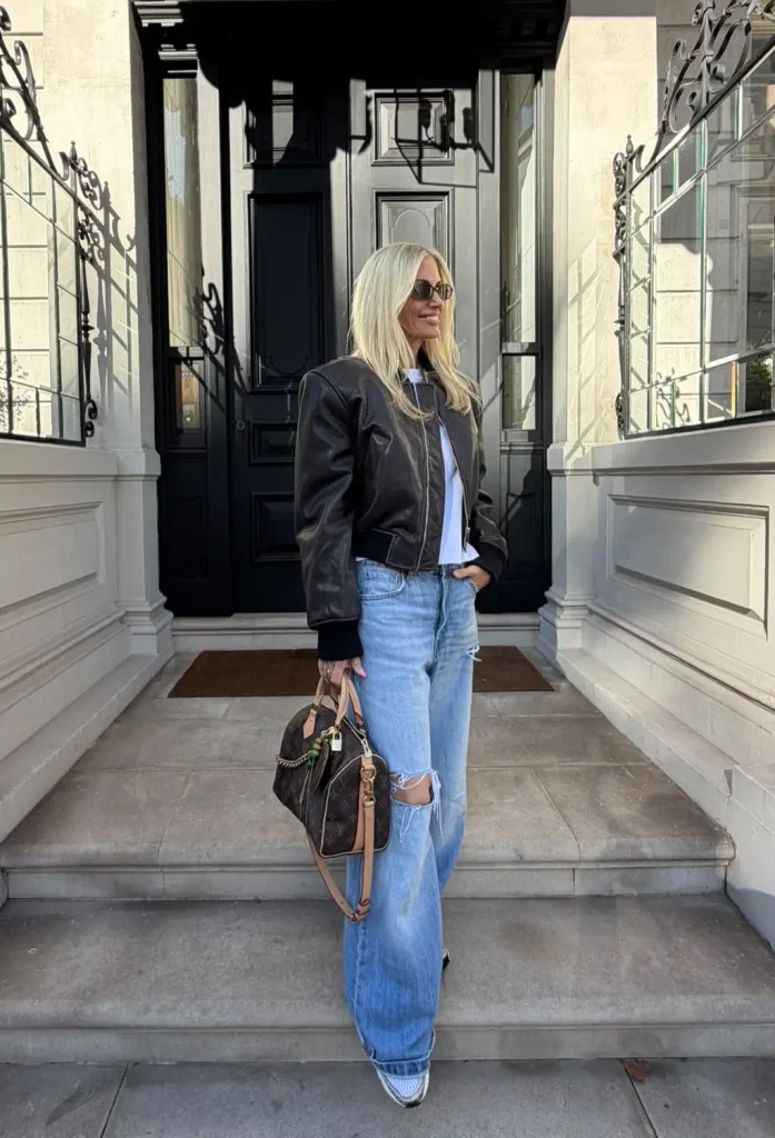 Leather Bomber, White Tee, and Light-Wash Ripped Jeans.