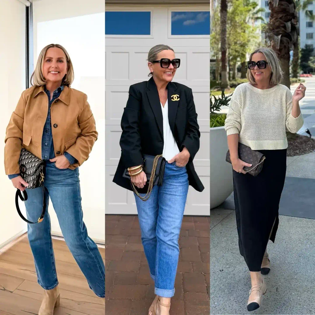 Three neutral outfits: camel jacket with denim, black blazer with white top and jeans, cream sweater with black skirt.