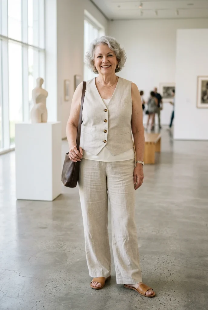 An oatmeal waistcoat and matching trousers bring soft tailoring into a summer capsule wardrobe. Add a simple ivory shell underneath and flat tan sandals.