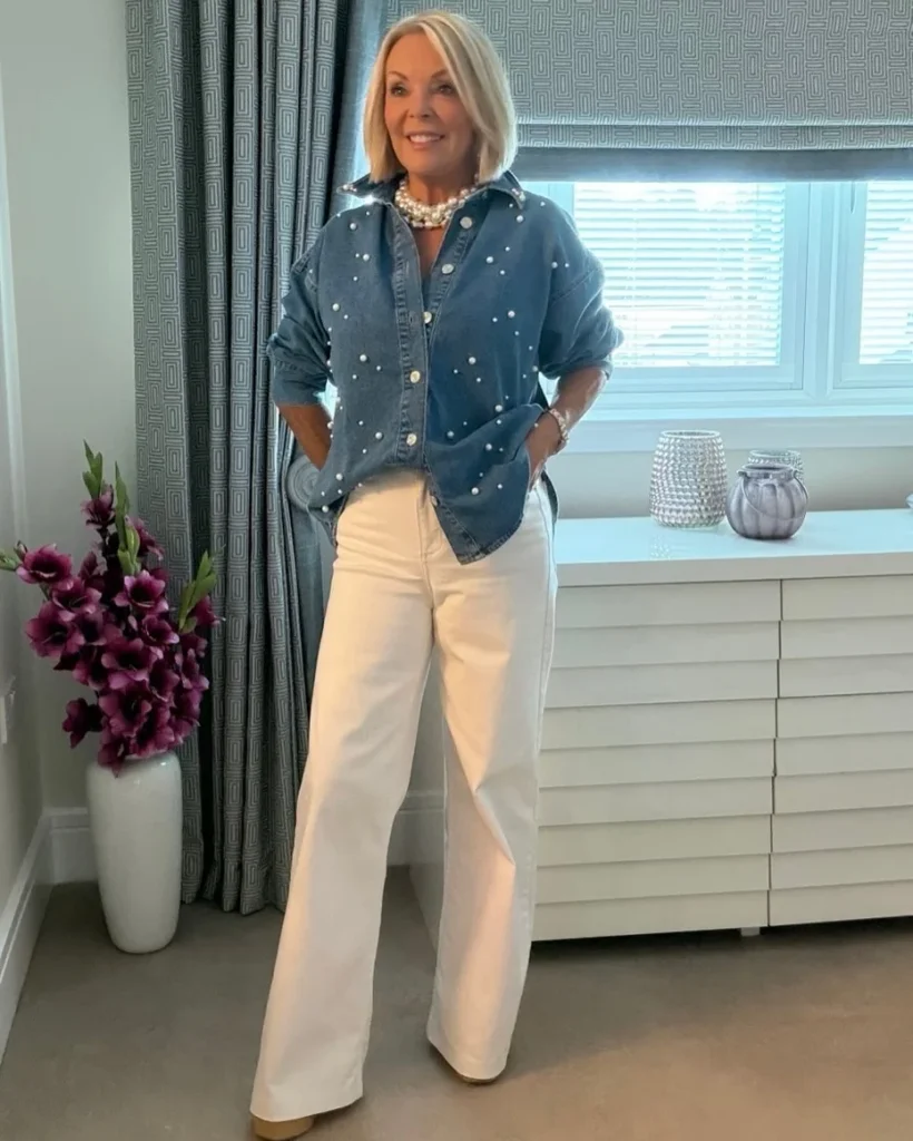 Woman with a platinum bob in a pearl-studded denim shirt, a chunky pearl necklace, and white wide-leg jeans.