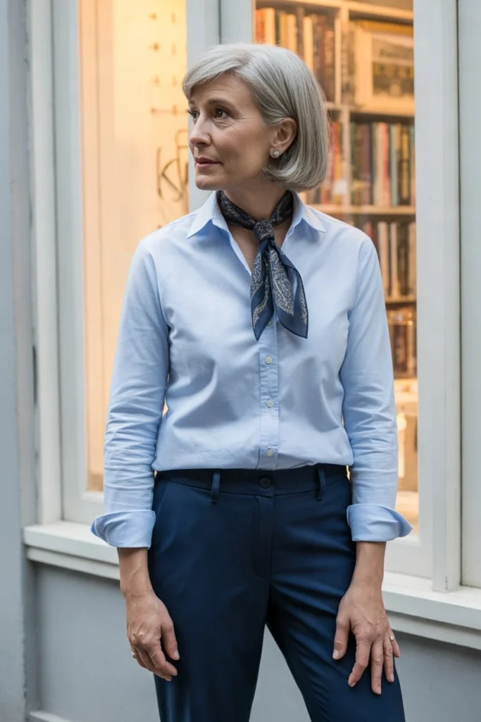 Pair a pale blue button-down with navy trousers, then add a navy and ivory square scarf. Let the knot sit loosely to one side and keep the shirt collar open around it.
