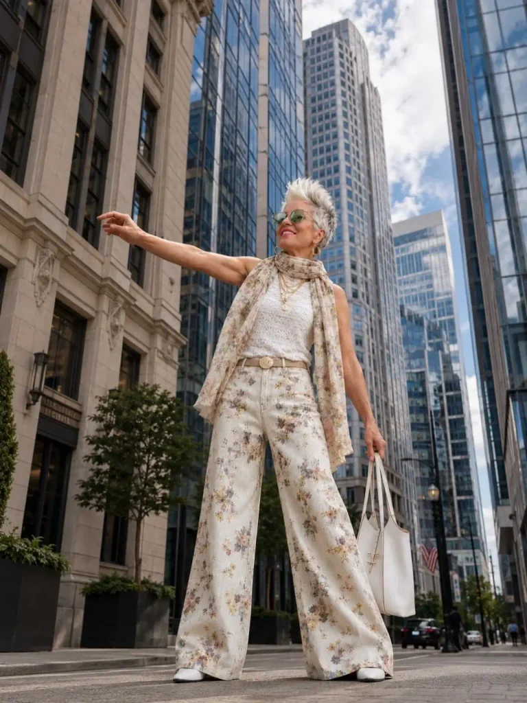 Woman with silver pixie hair in floral wide-leg pants, a white lace sleeveless top, a floral scarf, and gold jewelry.
