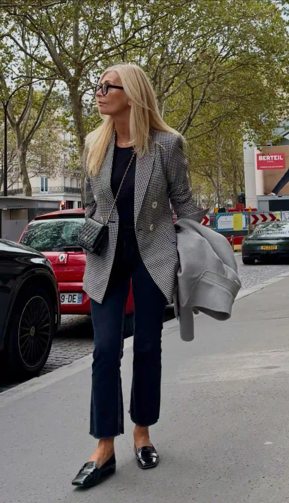 Houndstooth Blazer Over All-Black with Cropped Kick-Flare Jeans.