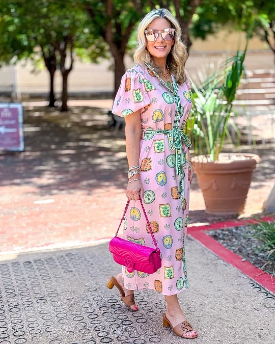 A Pink Tile-Print Midi Shirtdress With a Tie Waist.