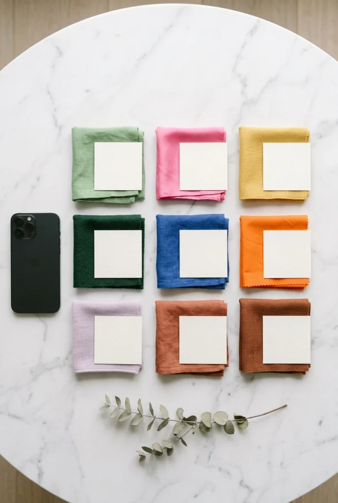 A phone showing a labeled color chart would come out as scrambled text. A styled flat lay of real swatches shows the palette beautifully with nothing to garble.