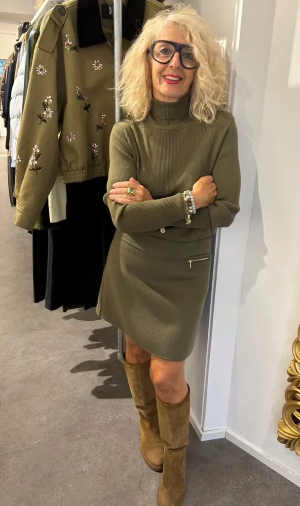Head-to-Toe Olive with Suede Boots and a Bold Red Lip.