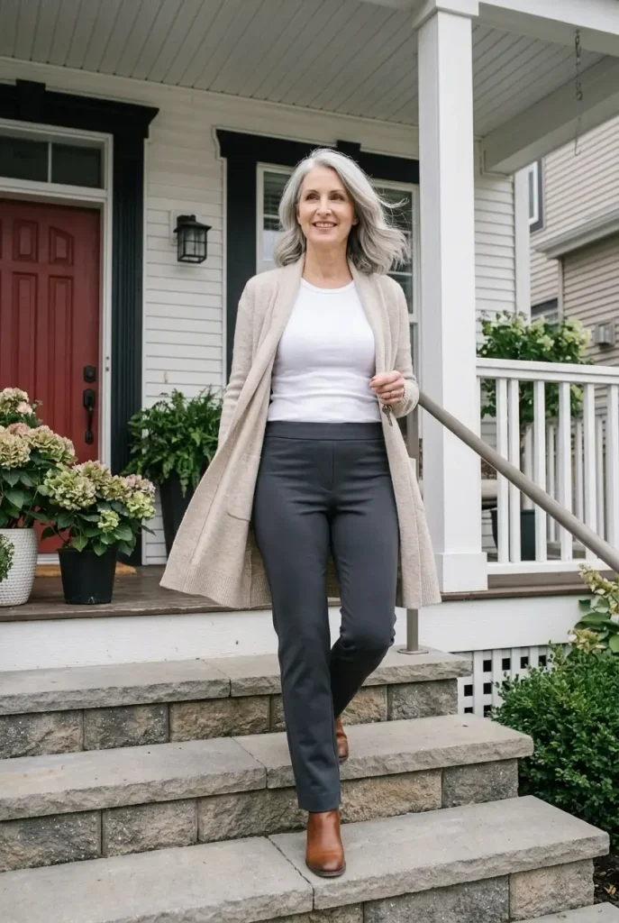 Walking down steps is a natural full-body pose with no fine hand detail. Shot: wide · full-length from a low angle at the foot of the steps