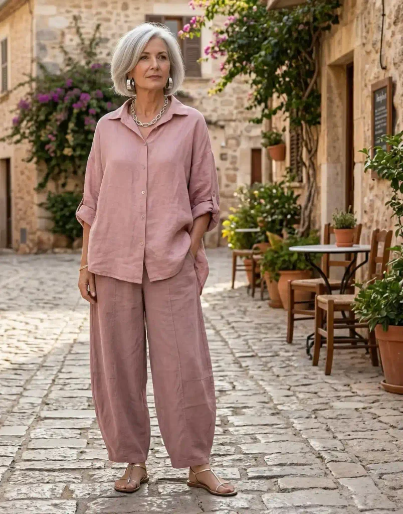 A Dusty Pink Set With Barrel Pants