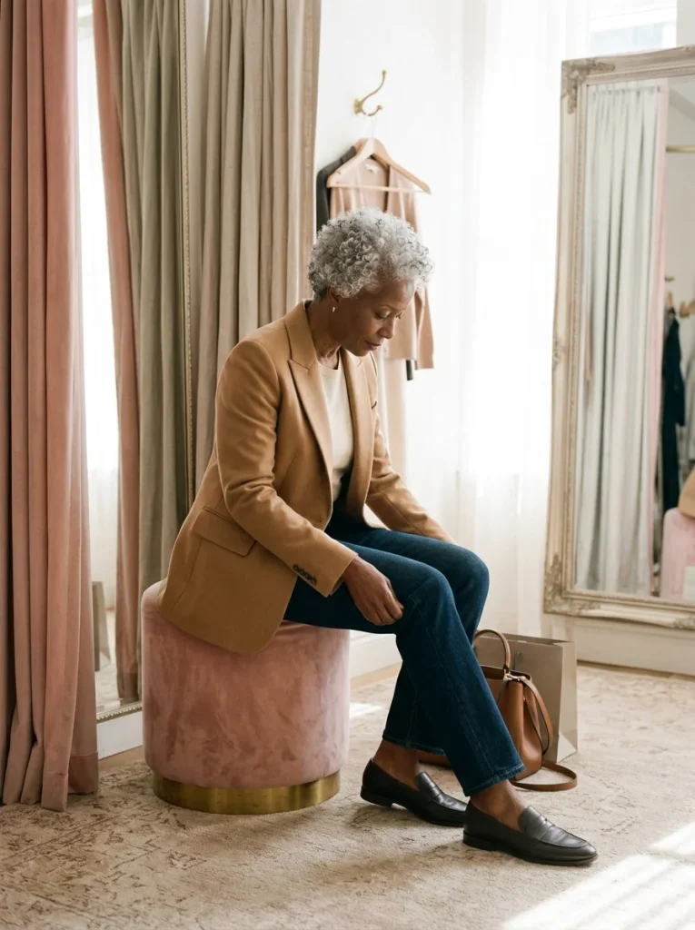 Woman with short silver curls sits and leans forward in a fitting room to test a camel blazer.