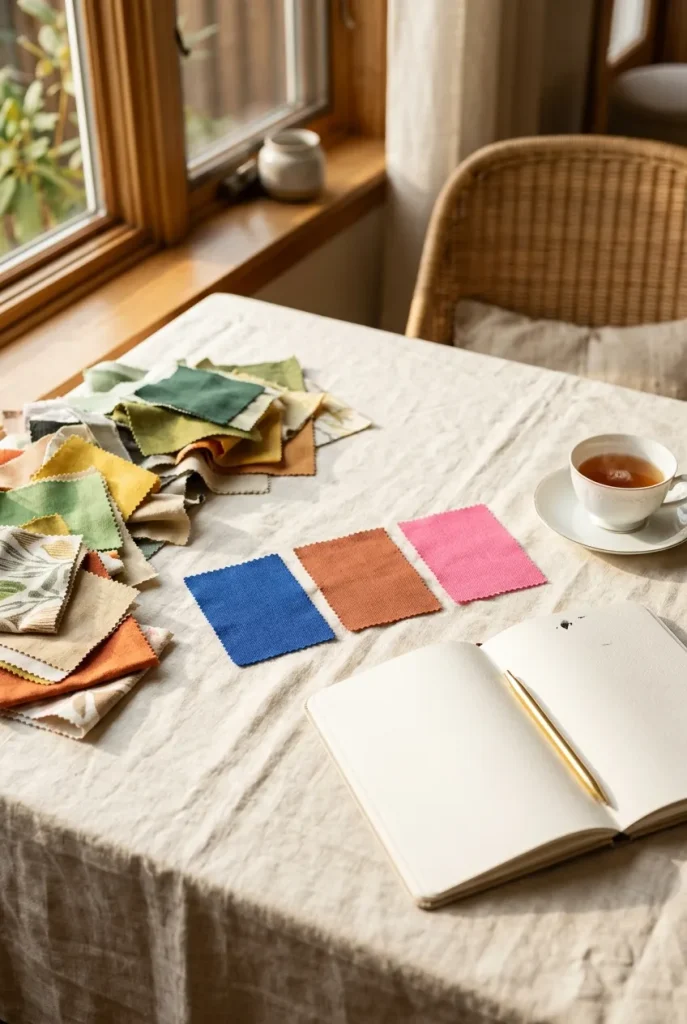 Hands sorting lots of small swatches often comes out with warped or extra fingers. A still life of the three chosen colors set apart from the rest tells the same story.