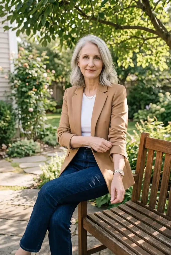 Rolling up a blazer sleeve is a simple, common gesture. Shot: mid-range · seated eye level, slightly to her side