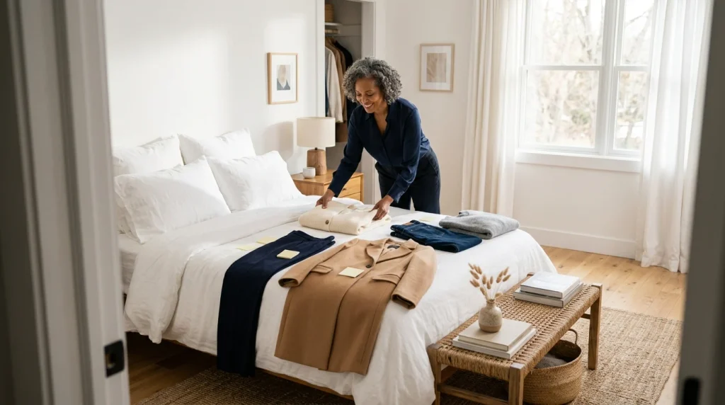 Laying a folded cardigan on a bed is a natural, everyday movement that renders well in a wide shot.