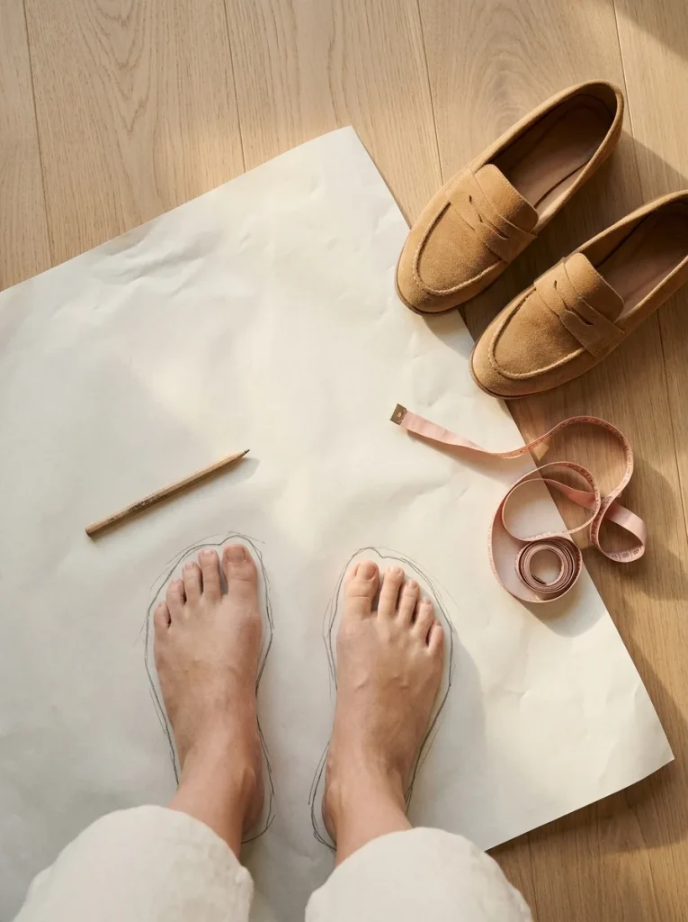 Bare feet on traced outlines beside a tape measure and camel suede loafers.